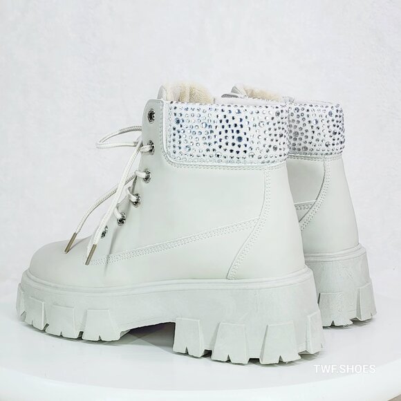 Teck Off White Combat Ankle Work Boots With Rhinestone Cuffs New - Picture 6 of 10
